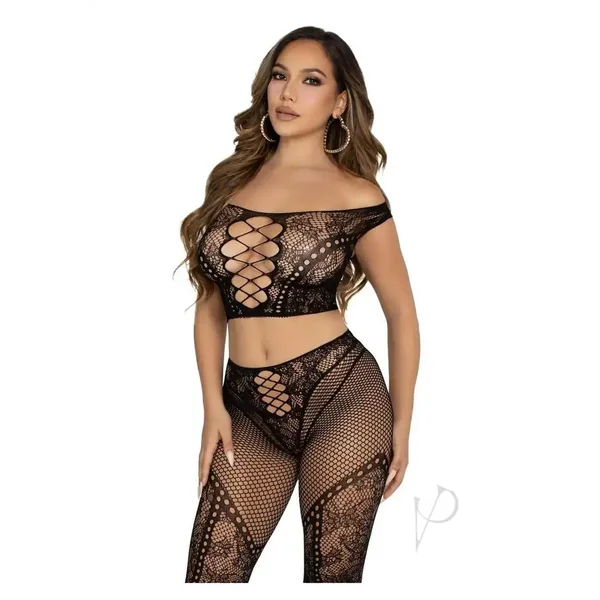 2 Pc Net And Lace Off-the-shoulder Crop OS Black