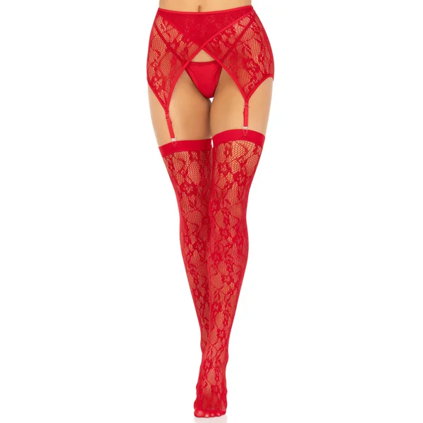 2 Pc Rachel Lace Thigh High and Crossover Garter Belt - One Size - Red