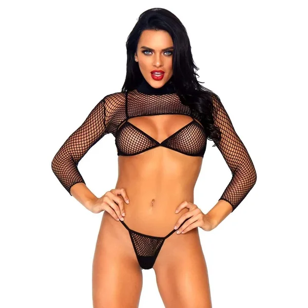3 Piece Industrial Net Long Sleeve Bikini Set