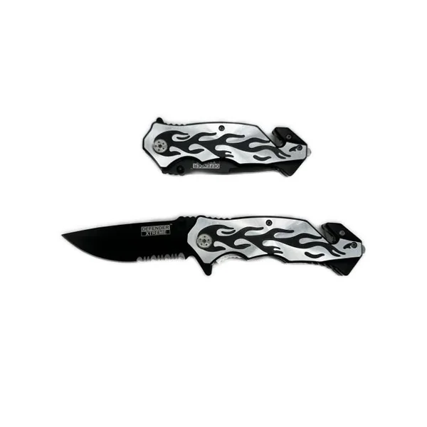 4.75″ Flame Design Silver Handle Black Blade