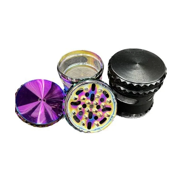 65mm Grinder 4 Piece Hour Glass Rigged Design W/ Window Rainbow