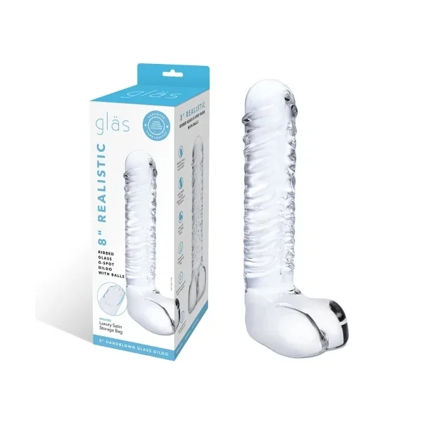 8″ Realistic Ribbed Glass G-Spot Dildo With Balls