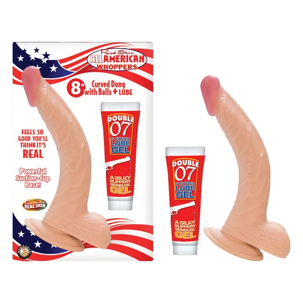 ALL AMERICAN WHOPPERS 8IN CURVED DONG W/BALLS & LUBE