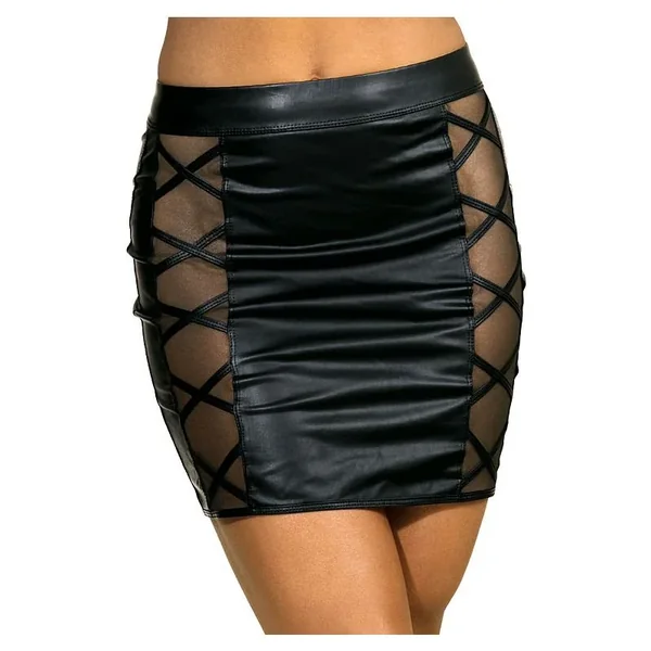 Axami Lingerie Stretch Wetlook Mesh Criss Cross Skirt, Black, S/M
