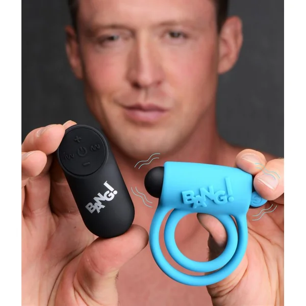 BANG! SILICONE COCK RING & BULLET W/ REMOTE BLUE