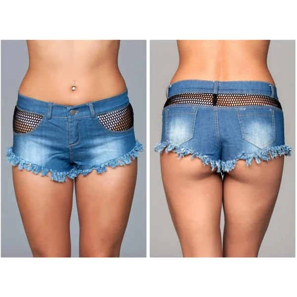 BeWicked USA Sexy Booty Denim Shorts Fishnet Top Trimming Fringe Bottom – J11BL – Large