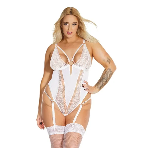 Black Label Net & Scallop Lace Teddy w/Adjustable Garters White OS/XL