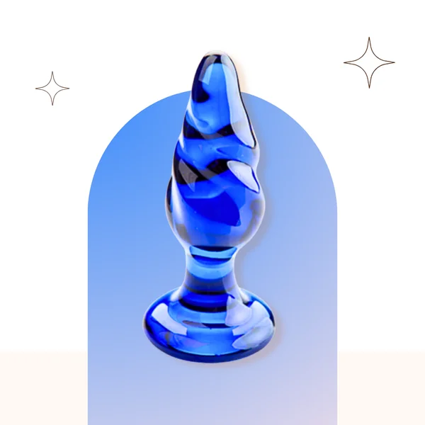Blue Double Ball Glass Anal Plug With Rotation