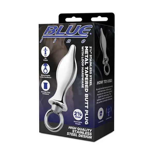 Blue Line 2.5″ Stainless Steel Metal Tapered Butt Plug With Loop Hardw