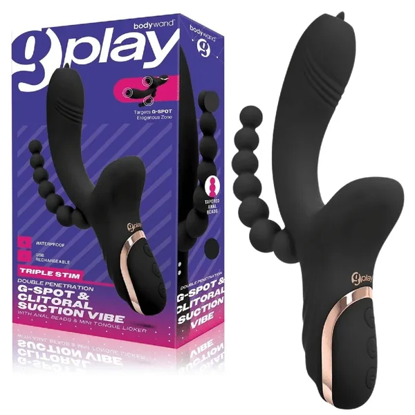Bodywand G-Play Rechargeable Silicone G-Spot and Suction Vibrator with Anal Beads – Black