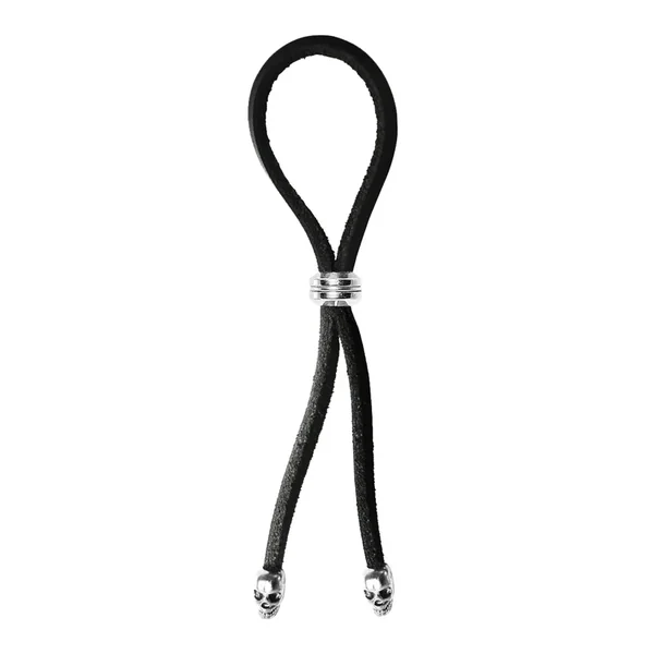 Bolo Cock Ring Leather Lasso Bead Slider w/Skull Tips – Black/Silver