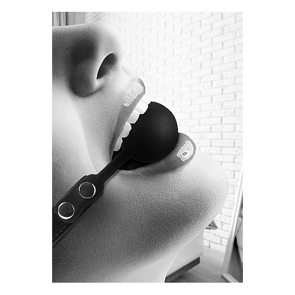 B&W SILICONE BALL GAG W/ ADJUSTABLE LEATHER STRAPS