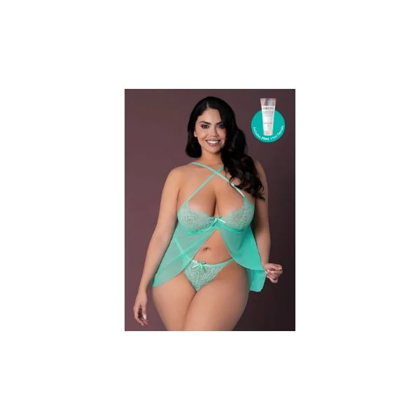 CARIBBEAN CRUSH BABY DOLL & THONG AQUA GLOW 2XL