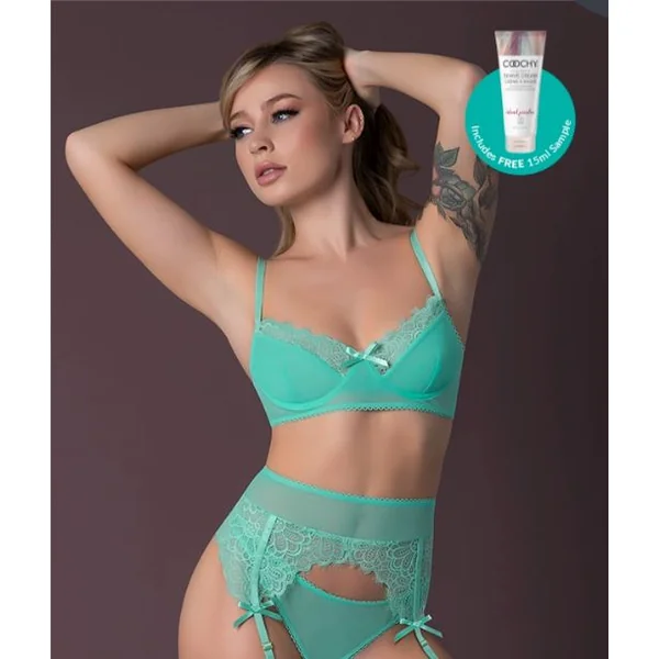 CARIBBEAN CRUSH BRA & GARTER THONG SET AQUA GLOW S/M