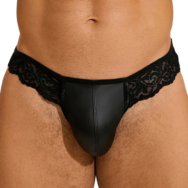 Cerise Wet Look & Lace Thong With Back Straps