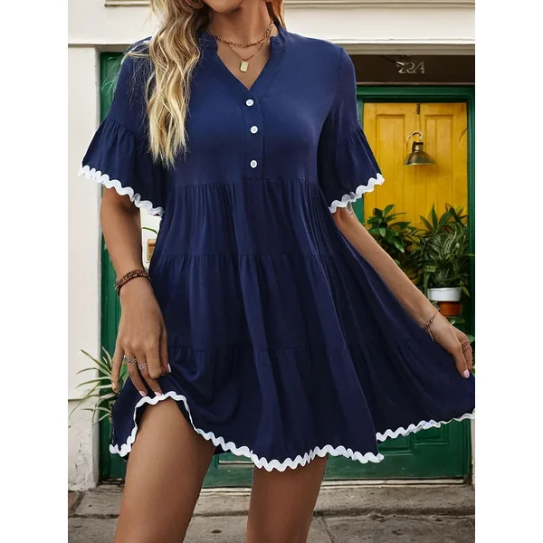 Contrast Trim Notched Short Sleeve Mini Dress