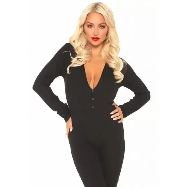 Cozy Brushed Rib Long Johns With Cheeky Snap Closure Back Flap – Small/Medium – Black