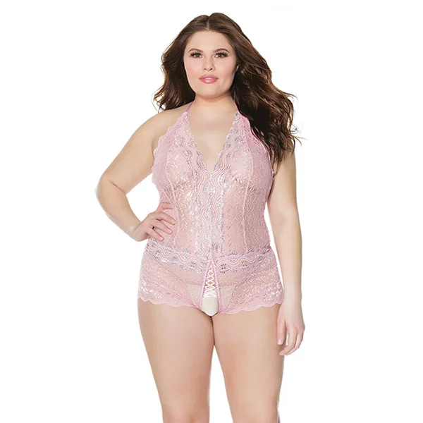 Crystal Pink Halter Crotchless Teddy Pink-silver Os-xl
