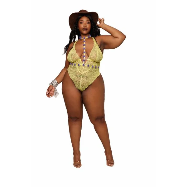 (D) STRETCH LACE TEDDY & ORGAN ROSETTE HARNESS SET CITRUS Q/S