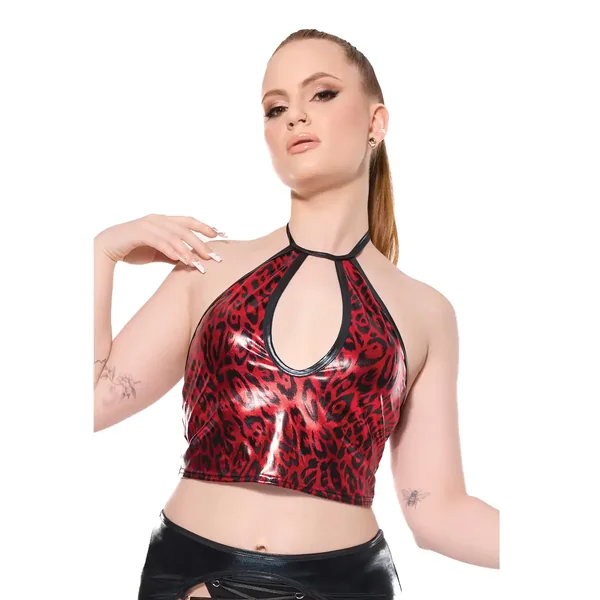 Darque Metallic Wet Look Keyhole Halter Top – Red/Black LG