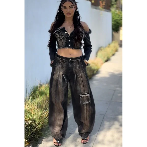 Distressed Denim Crop Top and Cargo Pants set