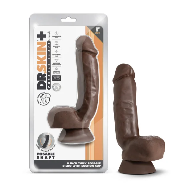 DR SKIN PLUS 8IN THICK DILDO W/ SQUEEZABLE BALLS CHOCOLATE