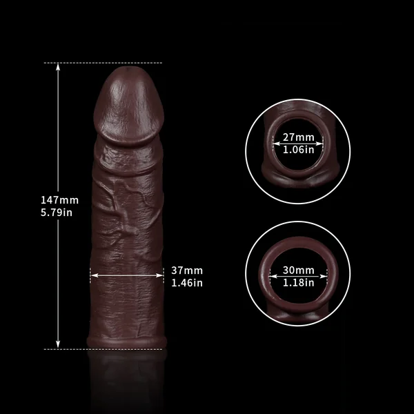 Ebony Realistic Dildo Cock Sleeve Extender - Life Size Silicone Penis Ring Male Sex Toy