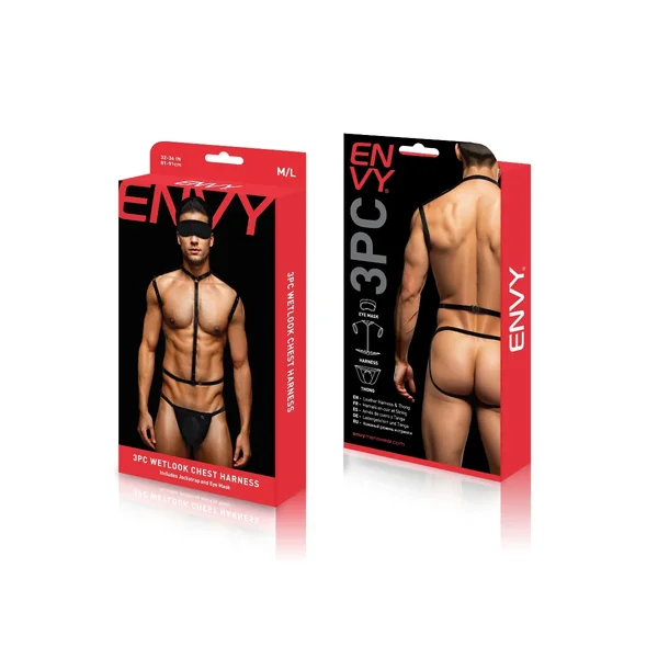 Envy 3 Piece Wet Look Chest Harness Black ML