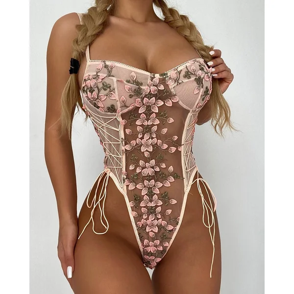 Erotic Floral Lace-Up Jumpsuit – Sheer Embroidered Lingerie for Women