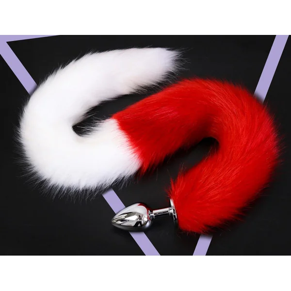 Extra Long Faux Fur Tail with Metal Anal Plug - Playful Cosplay & Adult Novelty Accessory(White and red-small)