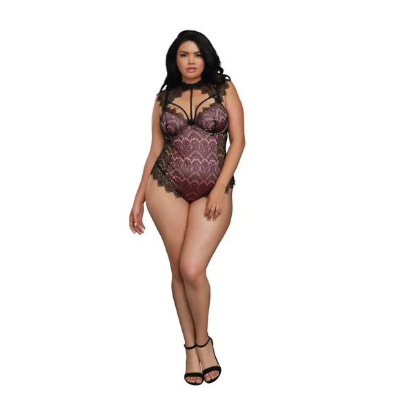 Eyelash Lace Collared Teddy - 2x - Vintage Rose - Black