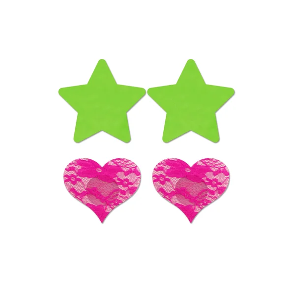 Fashion Pasties Set - Neon Green Solid Star and Neon Pink Lace Heart