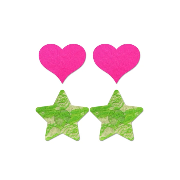 Fashion Pasties Set - Neon Pink Satin Heart and Neon Green Lace Star
