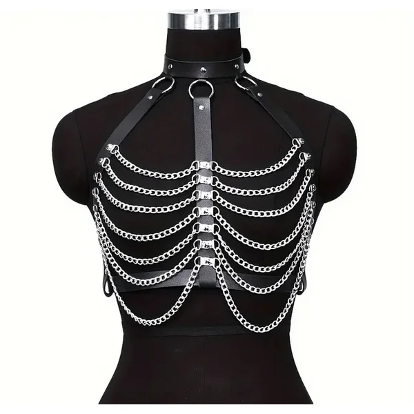 Faux Leather Chest Harness w/ Layered Chains