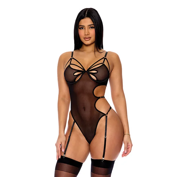 Feeling Butterflies Mesh Teddy w/Garters - Black