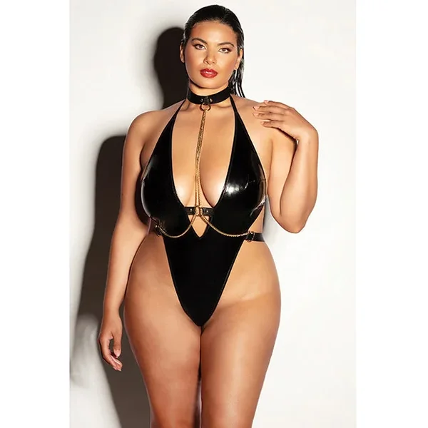 FETISH Submissive V-Plunge Vinyl Teddy w/Removable Chain Harness & Han