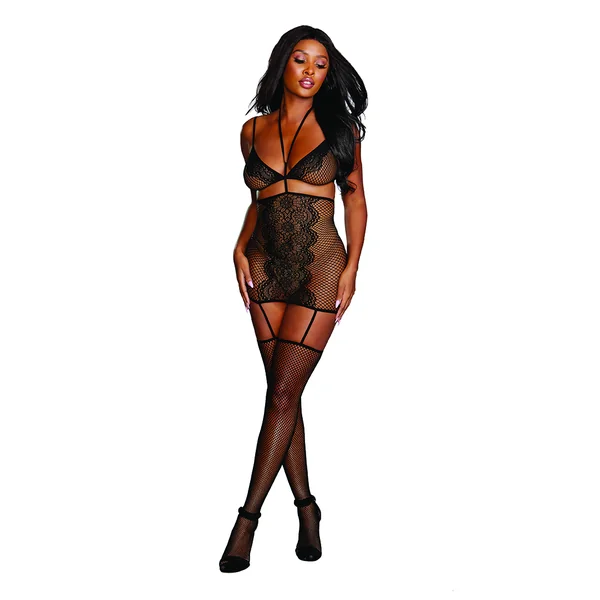 FISHNET & LACE 2PC GARTER DRESS BLACK O/S