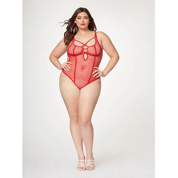 Fishnet Strappy High Cut Leg Teddy Red 1X/2X