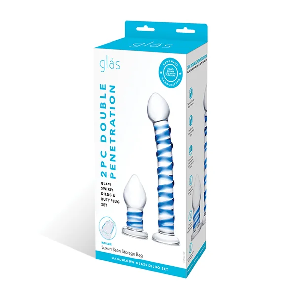 GLAS 2PC DOUPLE PENETRATION GLASS SWIRLY DILDO & BUTT PLUG SET