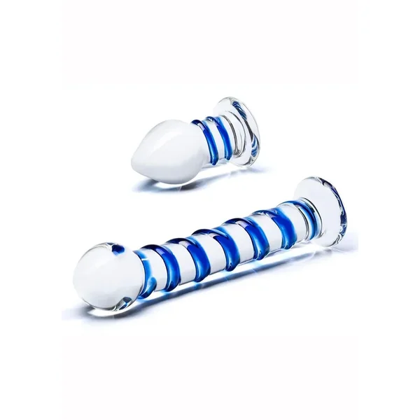 Glas Swirly Dildo and Buttplug Set (2 piece) – Clear/Blue