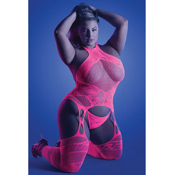 Glow Captivating Halter Bodystocking & G-string Neon Pink