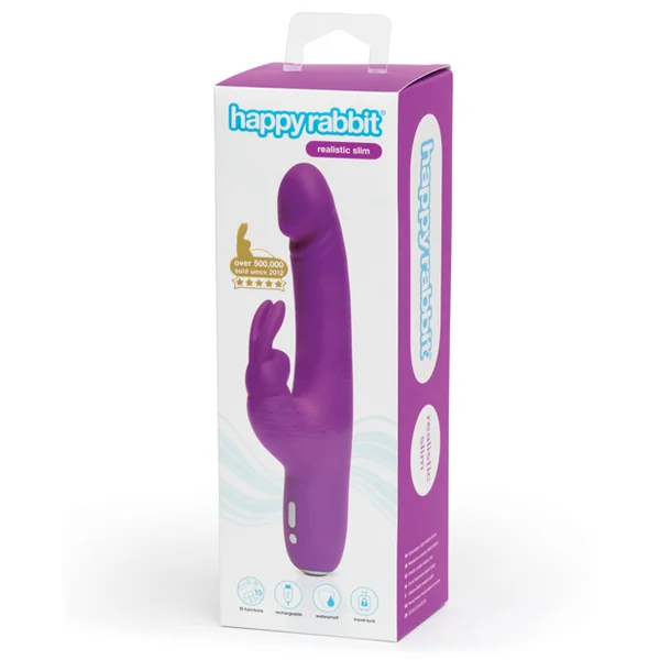 HAPPY RABBIT SLIMLINE REALISTIC RECHARGEABLE VIBRATOR PURPLE (Out Mid Jul)