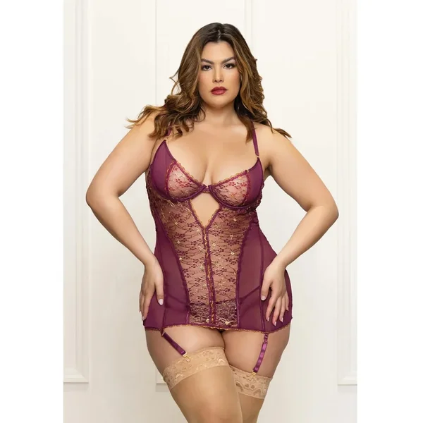 Hella Raw Metallic Lace with Mesh Gartered Chemise & Thong – Plum 1X/2X