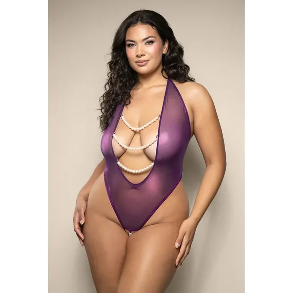 Hella Raw Opulence Shimmer Mesh Halter Teddy w/Pearl Details – Purple QN