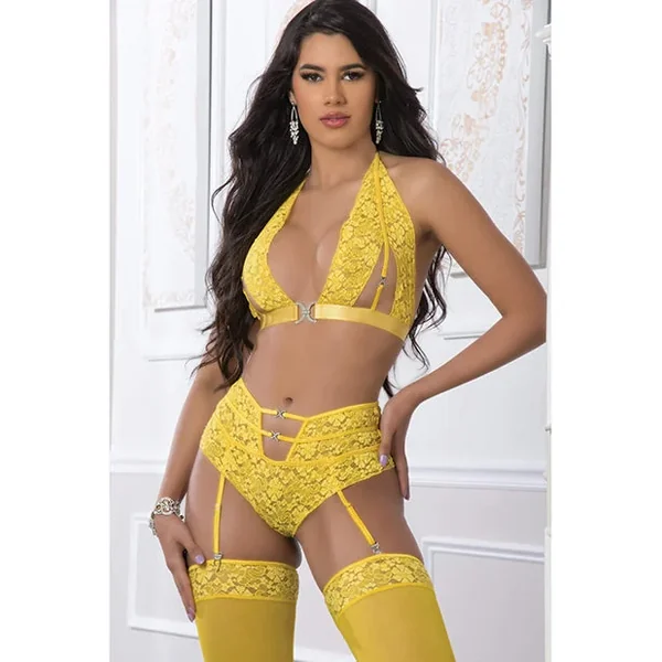 High Waist Lace Garter Panty, Halter Top w/Stockings Illuminating O/S