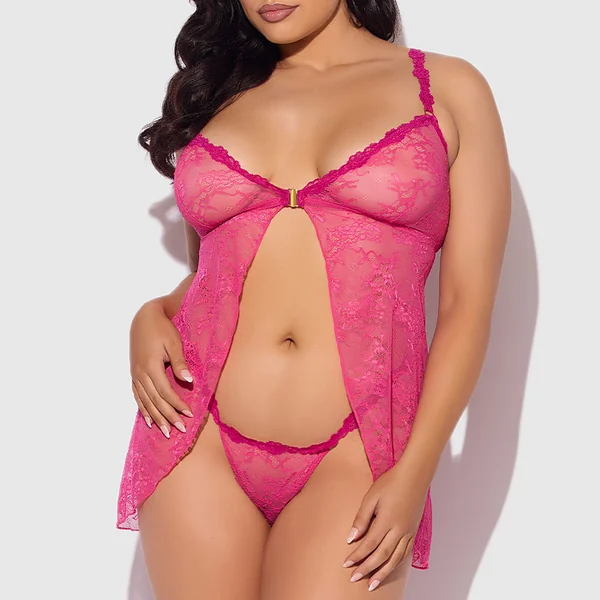 House of Desire Yvone Split-Lace Front-Opening Babydoll - Curvy