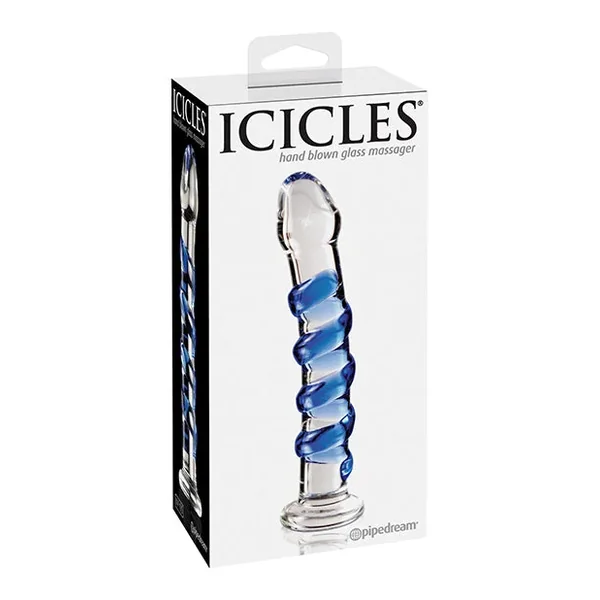 Icicles No. 5 Hand Blown Glass Massager – Clear w/Blue Swirls