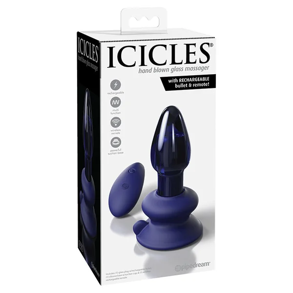 Icicles No. 85 Vibrating Glass Massager with Rechargeable Vibrator & Remote - Blue