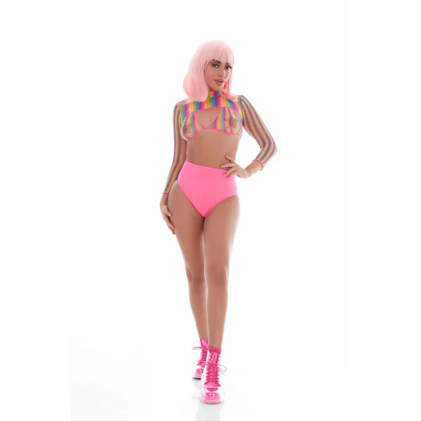 Kandihouse – 3pc Set Rainbow Net with Hot Pants – Rainbow