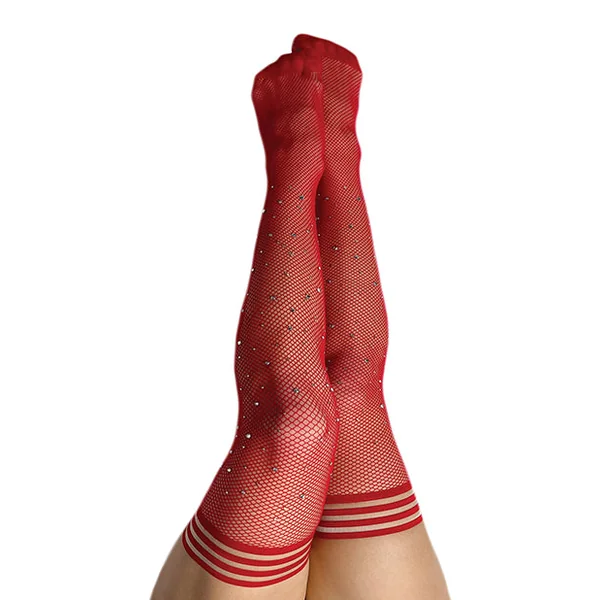 Kix'ies Joely Fishnet Rhinestone Thigh High Red C